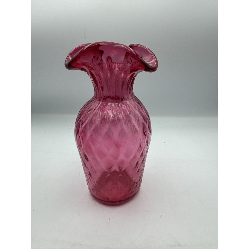 Vintage Hand Blown 8" Cranberry Glass Vase w/ Scalloped Rim & Diamond Pattern - Picture 2 of 14